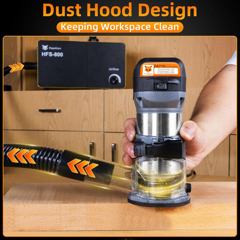 FoxAlien 1HP 710W 65mm Diameter Compact Palm Router for CNC Woodworking,6 Variable Speeds Max 30000 R/MIN Wood Trimmer with 1/4” Collet (110V) - Image 2